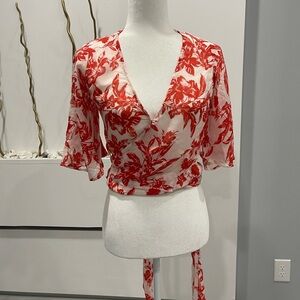 Red Haute Red Floral Wrap Blouse